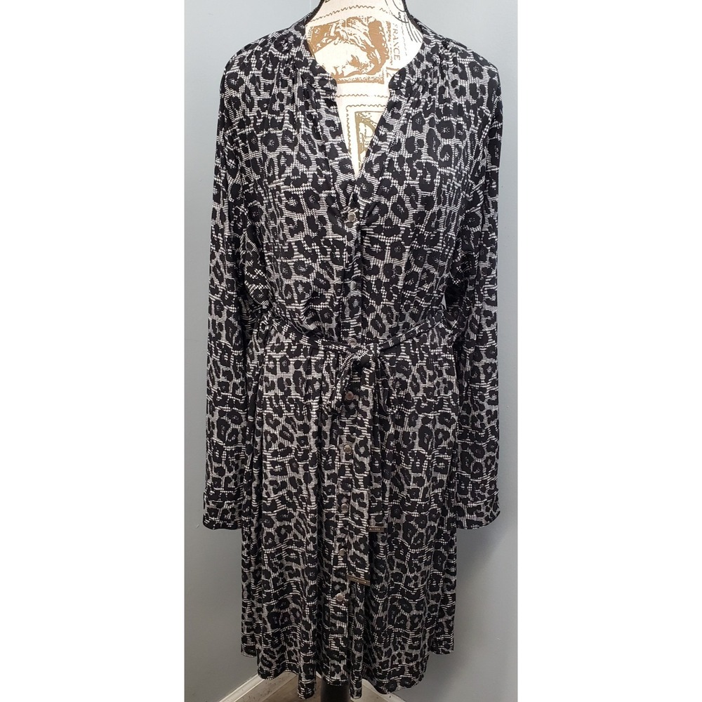 Michael Kors Shirt Dress Womens 2X Multi Leopard Print Tie Waist Button Front